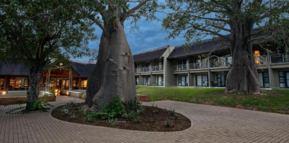 Exterior view of Skukuza Safari Lodge buildings nestled under large indigenous trees